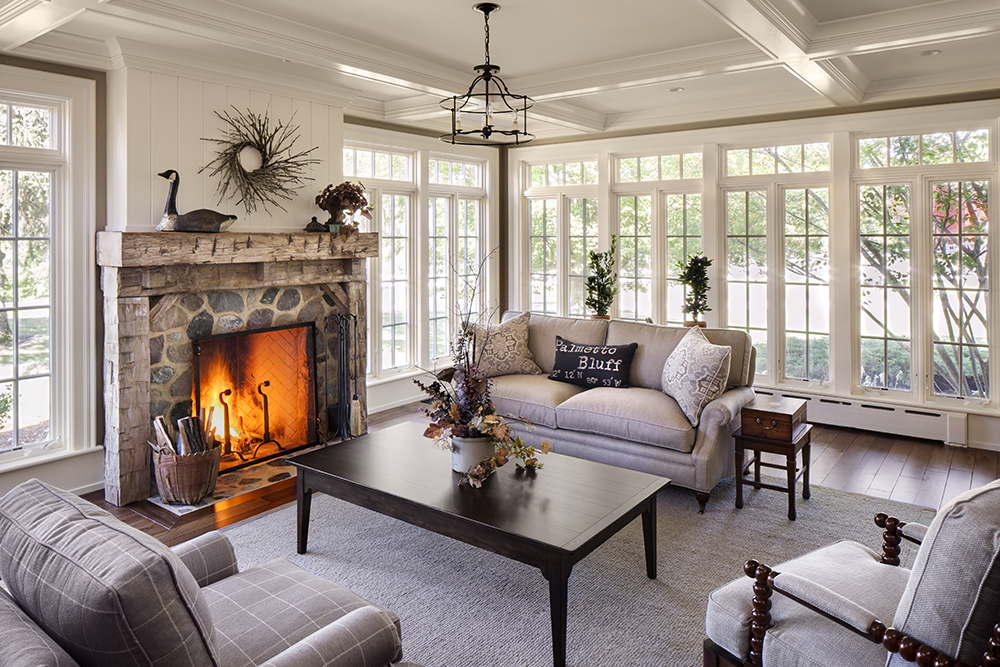 living room with wall of windows